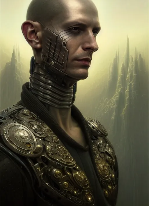 Image similar to closeup portrait shot of a male android in a scenic dystopian environment, intricate, elegant, highly detailed, centered, digital painting, artstation, concept art, smooth, sharp focus, illustration, artgerm, tomasz alen kopera, peter mohrbacher, donato giancola, joseph christian leyendecker, wlop, boris vallejo