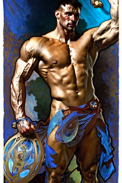 Prompt: a muscular man holding blue diamonds, fantasy, painting by greg rutkowski and alphonse mucha