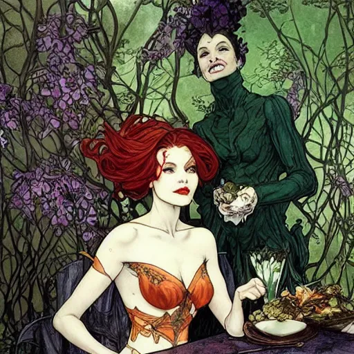 Image similar to a beautiful picture of doctor poison ivy professor of botany and doctor liliana vess professor of demonology having lunch, academic clothing, dark eyeliner, intricate, elegant, highly detailed, digital painting, artstation, concept art, matte, sharp focus, illustration, art by rebecca guay and by arthur rackham and by alphonse mucha and by john william waterhouse