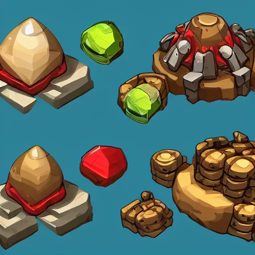 Prompt: A game assets spritesheet by dofus by artgem lu . HD vector Containing modular props, terrain, trees, 2d side view, platform, vector art, very detailed