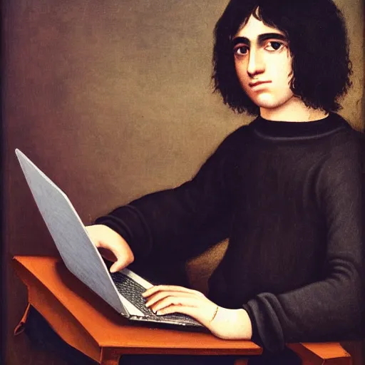 Prompt: portrait of a shaggy black haired teenager with a black colored sweater with a laptop, full body, renaissance painting, ultra detailed, high resolution, masterpiece