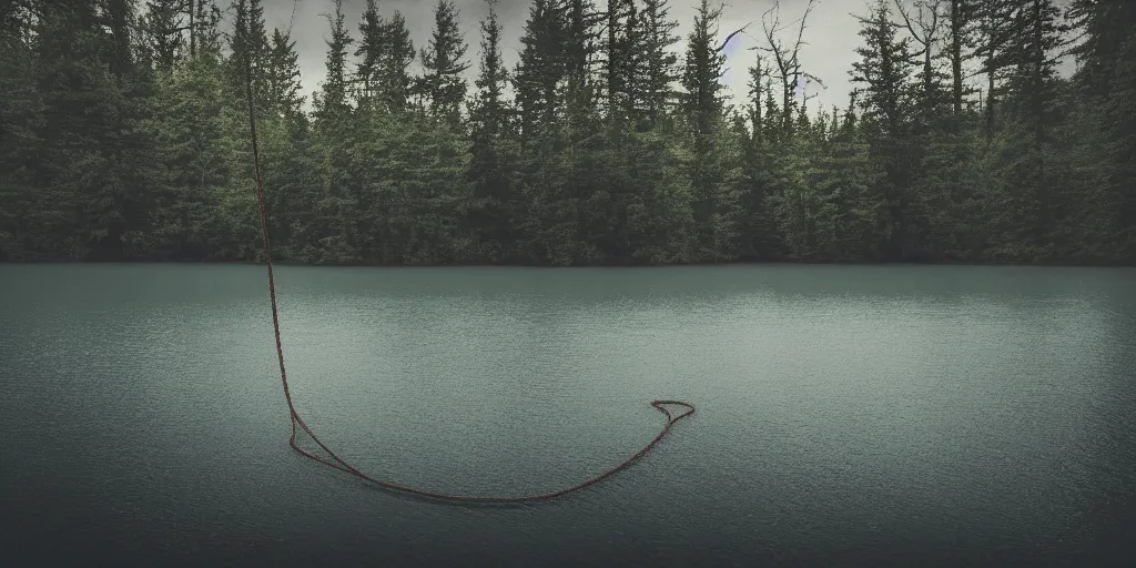 Prompt: centered photograph of a long rope snaking directly on the surface of the water, dark lake on a cloudy day, color film, trees in the background, hyper detailed photo, anamorphic lens