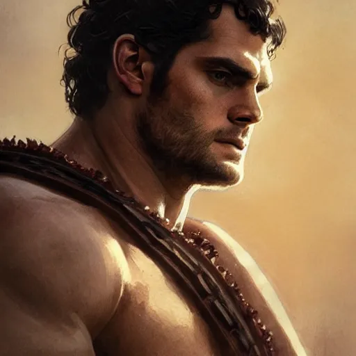 Image similar to Henry Cavill as a Greek gladiator, gorgeous, amazing, muscular, intricate, highly detailed, digital painting, artstation, concept art, sharp focus, illustration, art by greg rutkowski and alphonse mucha