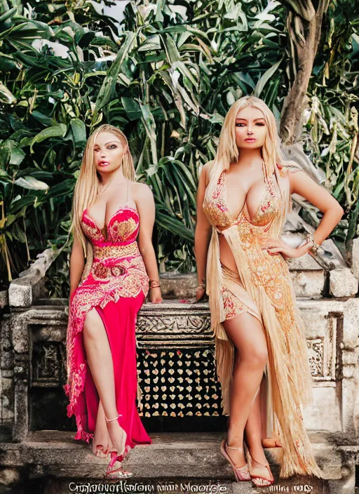 Image similar to portrait of lindsey pelas and charlie grace moretz wearing kebaya in bali, by charlotte grimm, natural light, detailed face, beautiful features, symmetrical, canon eos c 3 0 0, ƒ 1. 8, 3 5 mm, 8 k, medium - format print, half body shot