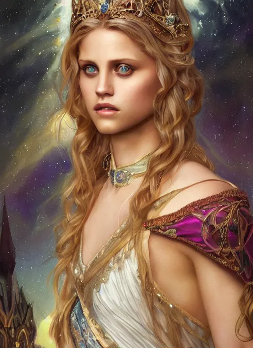 Image similar to beautiful young happy teresa palmer as the aurora princess, closeup, d & d, fantasy, intricate, elegant, highly detailed, digital painting, artstation, concept art, matte, sharp focus, illustration, art by artgerm and greg rutkowski and alphonse mucha