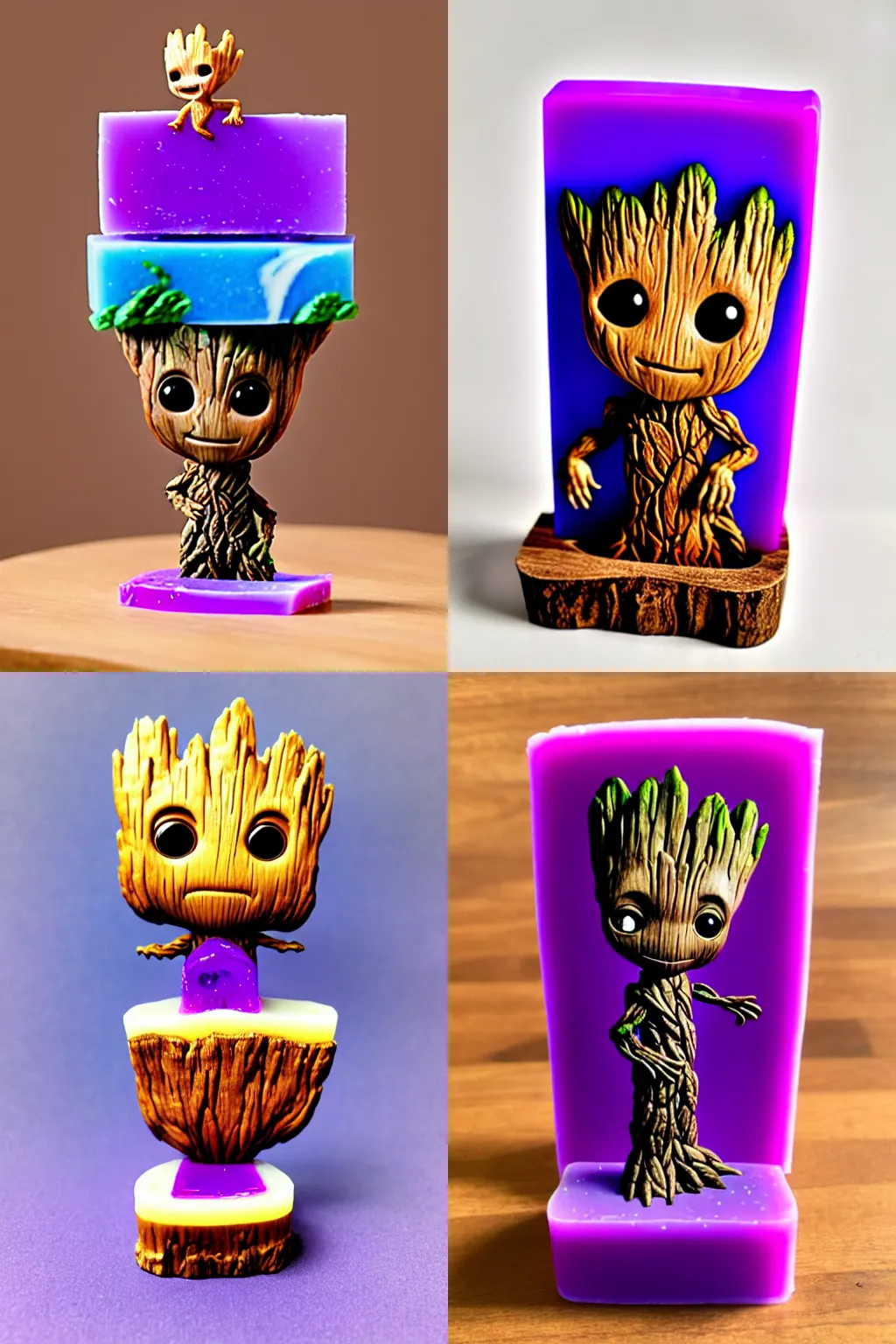 Prompt: llittle cute Groot surfs on a bar of purple soap, by disney plus