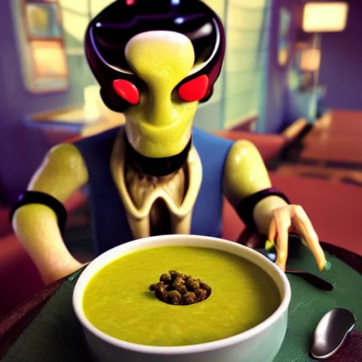 Prompt: a modernized alien enjoying himself a bowl of split pea mushroom soup a 5 star restaurant in the bronx, photorealistic, highly detailed, photography, refined spontaneity