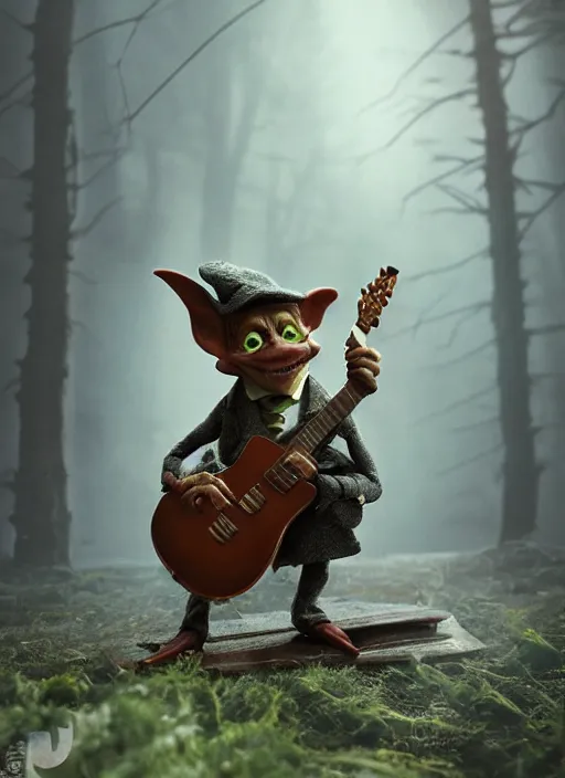 Prompt: a cute sharply dressed goblin playing the blues on an old guitar, in the style of boris valejo and terry gilliam, fantastic, dramatic lighting, smoke, mist, forest, hyperrealistic, detailed, octane render