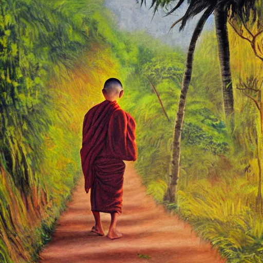 Image similar to fuzzy painting of a young buddhist monk walking down a narrow road in jungle early morning