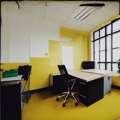 Image similar to A polaroid photograph of an empty endless office space, yellow wallpaper on the walls, moist dirty carpet, fluorescent warm lights lighting the scene, no furniture