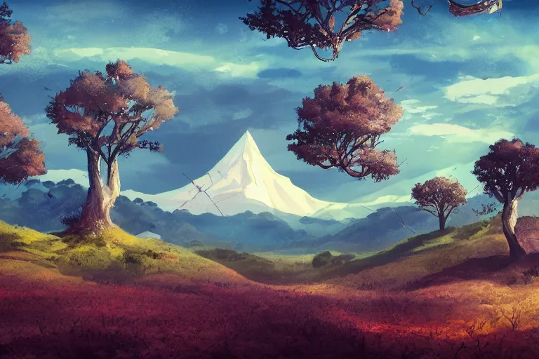 Prompt: Beautiful magical landscape with trees whose leaves are balls of different colors, a gigantic silver mountain on the horizon, large plains where various legendary creatures live, comics style, trending on artstation