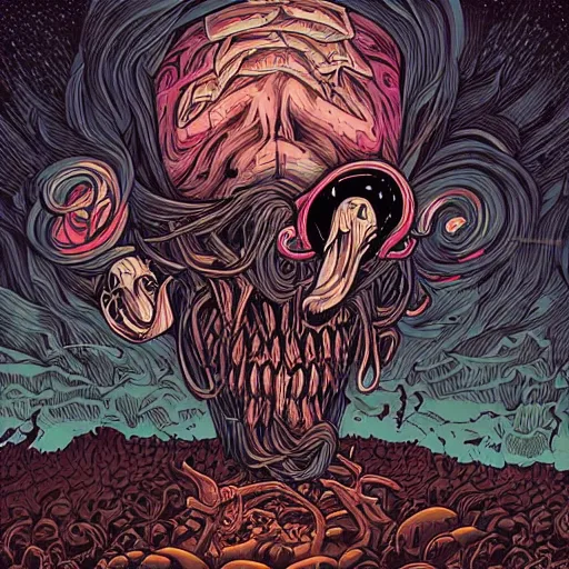 Image similar to head eating itself with long tongue and dark ink bombing from the eye, illustrated by Dan Mumford