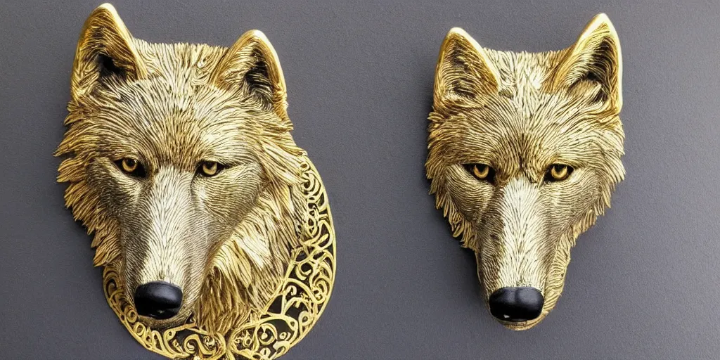 Image similar to gorgeous wolf statue portrait with gold filigree