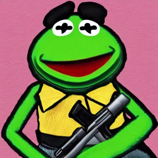 Image similar to kermit the frog with a gun in his hand