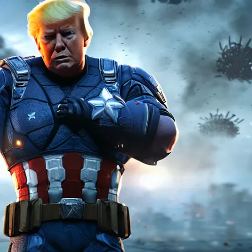 Image similar to Portrait! of President Donald Trump as ((captain america)) in Gears of War, patriotic, splash art, movie still, cinematic lighting, dramatic, octane render, long lens, shallow depth of field, bokeh, anamorphic lens flare, 8k, hyper detailed, 35mm film grain