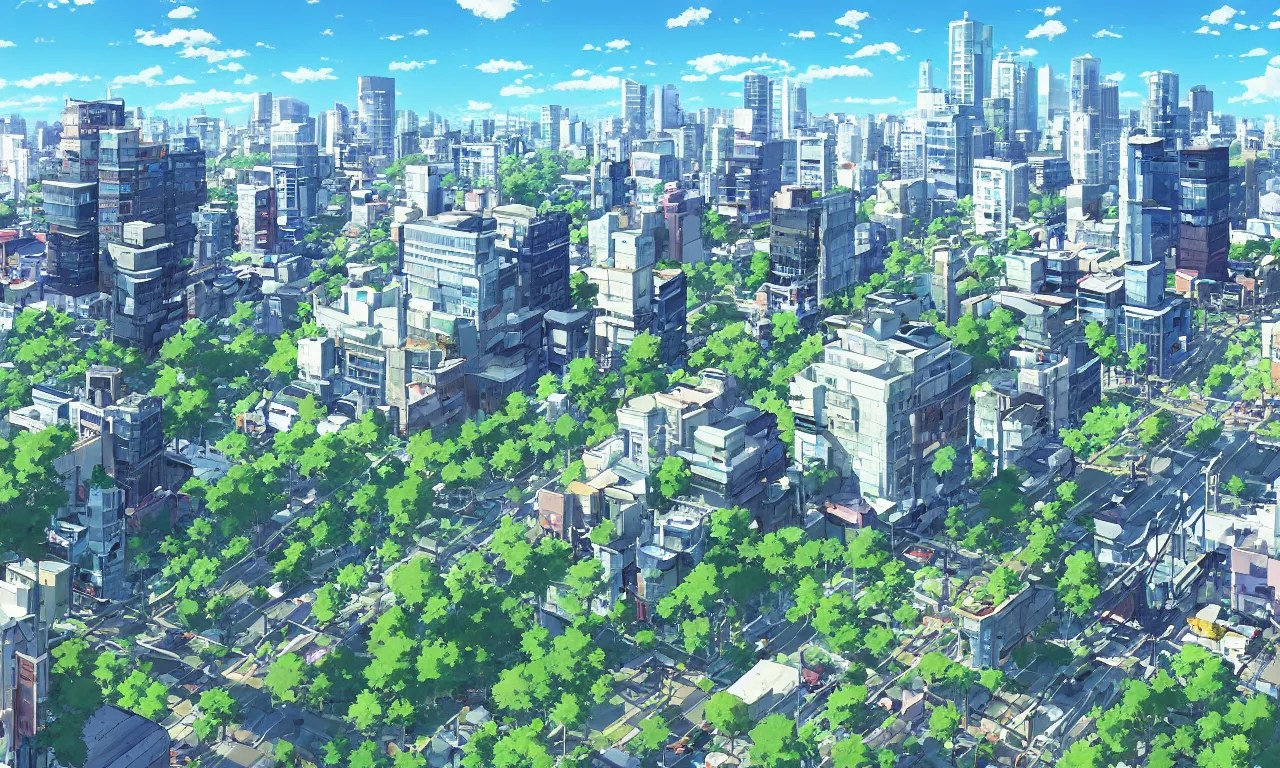 Image similar to Overlooking a modern city, summer sunny day, by Makoto Shinkai, super wide angle