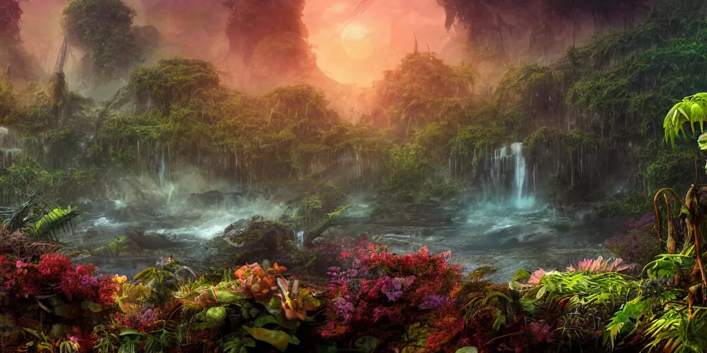 Image similar to a rusty ethereal ghost shipwreck in a prehistoric jungle, lush flora, waterfall, towering mountains, flowers, vines, sunset, hazy, volumetric lighting, rtx on, washed out colors, an award winning digital render, beautiful, stunning, ultradetailed, great composition