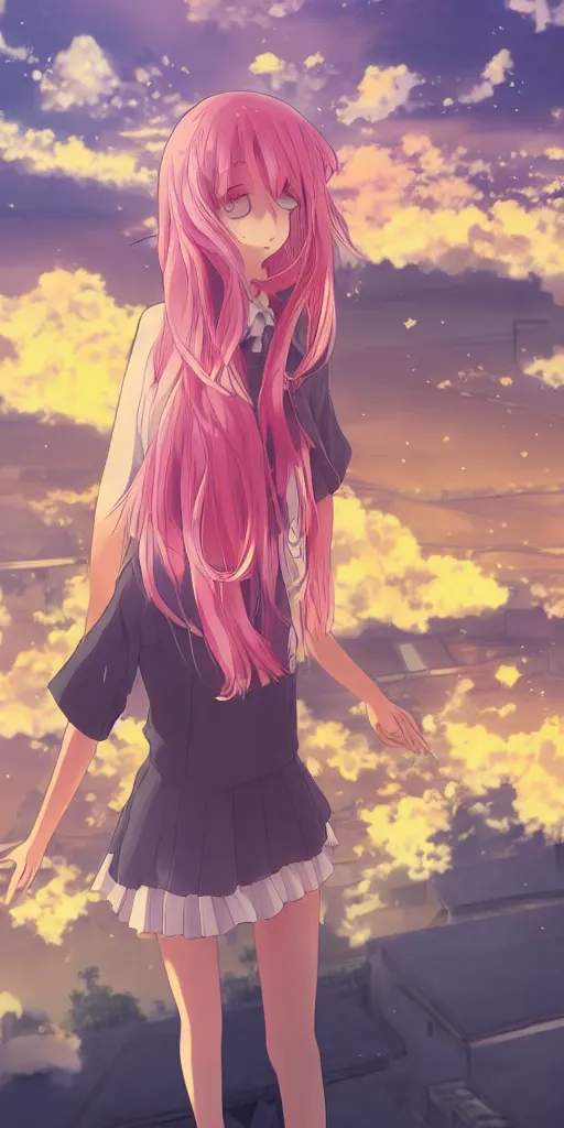 Image similar to anime art, anime key visual of a cute elegant anime girl with pink hair and big eyes on the city rooftop at sunset with clouds, golden hour sunset, background blur bokeh, beautiful lighting, high quality illustration, studio ghibli