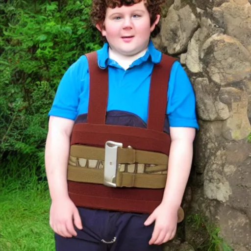 Prompt: pudgy british lad with short curly dark brown hair as a hobbit wearing a white men's crossbody sling chest bag and blue vest