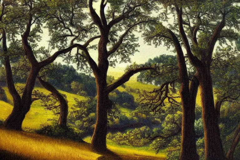 Image similar to masterpiece painting of oak trees on a hillside overlooking a creek, dramatic lighting, by charles santore