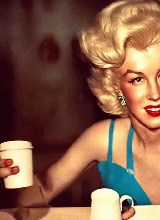 Image similar to A close-up, color cinema film still of a marlin monroe drinking coffee at a starbucks, ambient lighting at night.