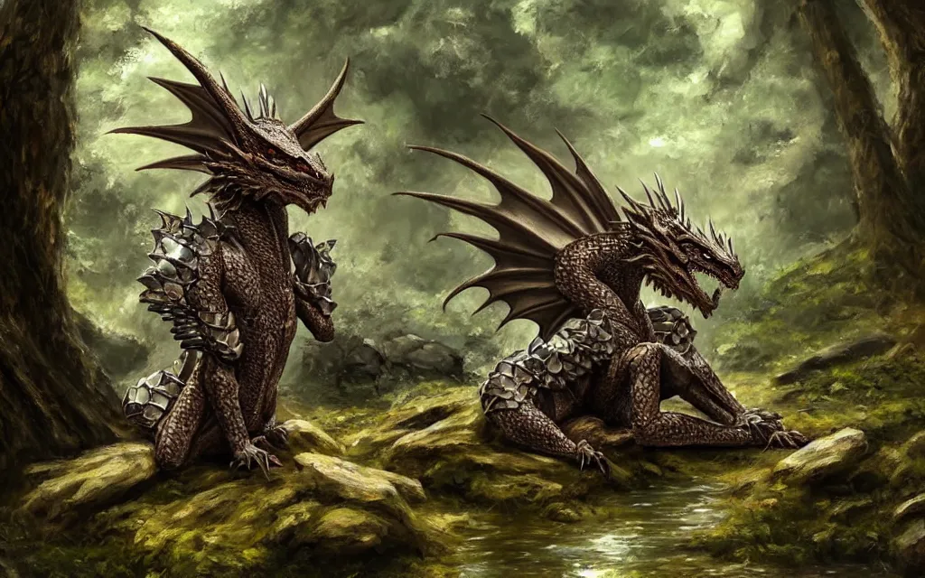 Image similar to A dragon dressed in armor sitting on a rock within a woodland creek, highly detailed, trending on pixiv, realistic oil paint artwork made in 2020.