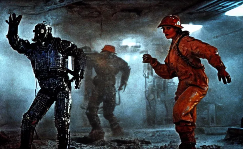 Image similar to a machine monster chases sadie sink dressed as a miner : a still from a scifi soviet cyberpunk film from 1 9 8 0 s. by steven spielberg and james cameron. 6 5 mm low grain film stock. sharp focus, realistic facial expression, perfect anatomy, cinematic atmosphere, detailed and intricate environment, trending on artstation