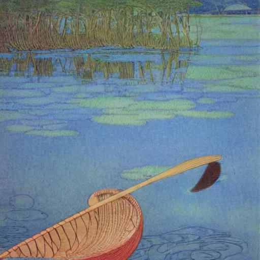 Image similar to unique sharp lake pan miso, by warwick goble and monsu desiderio, impressionism, groovy