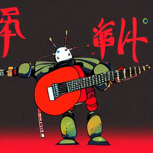 Prompt: A cell animation of a samurai robot playing guitar, Miyazaki Hayao, ghibli style, Illustration, anime, trending on artstation