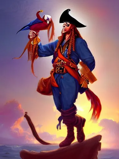 Prompt: pirate captain with a blue macaw. looking to an iland. intricate, elegant, highly detailed, digital painting, artstation, concept art, sharp focus, illustration, by justin gerard and artgerm, 8 k