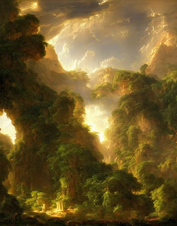 Image similar to an ancient temple lost in a gigantic forest by thomas cole, painting, epic clouds formation, cinematography, epic lighting,