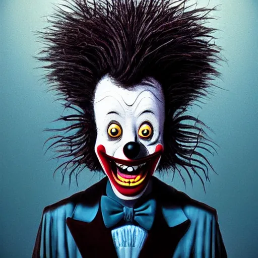 Image similar to A extremely highly detailed majestic hi-res beautiful, highly detailed head and shoulders portrait of a scary creepy black cartoon clown cat in eraserhead with scary big eyes, in the style of Walt Disney animation