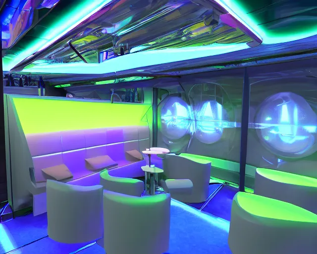 Image similar to Bar and nightclub inside a widebody plane with neon lights and sofas, digital rendering, unreal engine 5