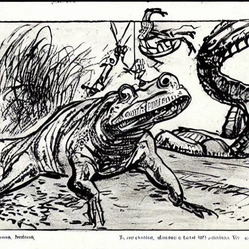 Image similar to heinrich kley illustration of a crocodile running for mayor