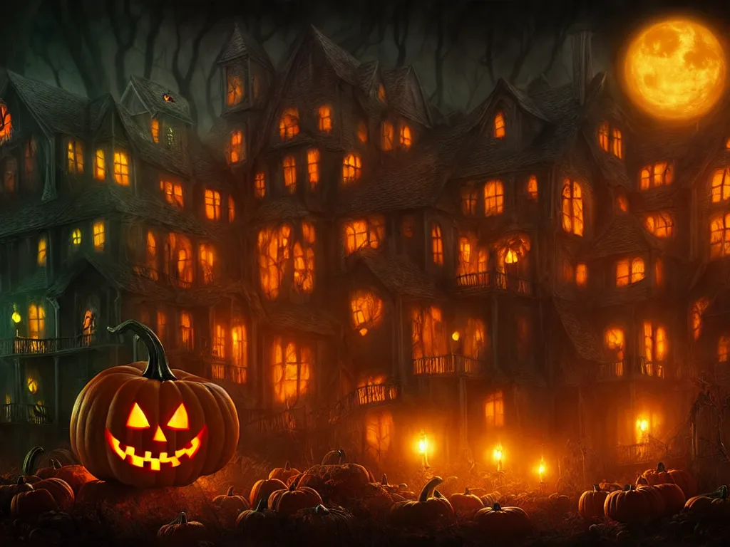 Image similar to spooky Halloween party, Fantasy Hyper detailed digital matte painting, concept art, hyperrealism, Cinema 4D, 8k resolution, 64 megapixels, coherent, bokeh, CGSociety, ZBrush Central, behance HD, hypermaximalist, a masterpiece, 4K.