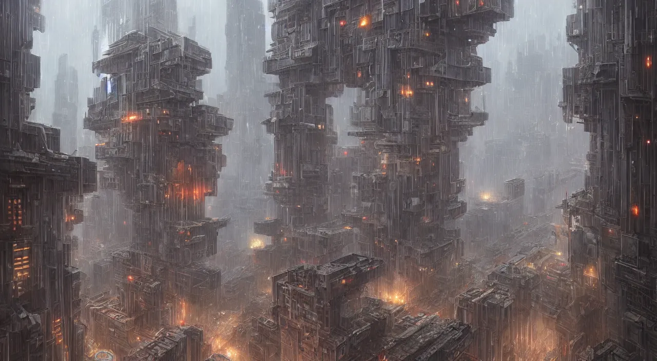 Image similar to highly detailed brutalist architecture city, star wars imperial style, while it's raining, stephen bliss, unreal engine, fantasy art by greg rutkowski, loish, rhads, ferdinand knab, makoto shinkai, ilya kuvshinov, rossdraws, global illumination, radiant light, detailed and intricate environment