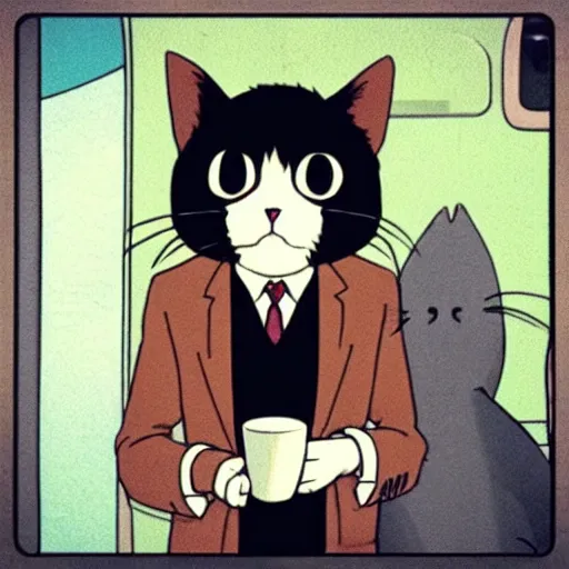 Image similar to “ unhappy cat wearing a suit holding coffee riding the subway, studio ghibli, spirited away, anime, by hayao miyazaki ”