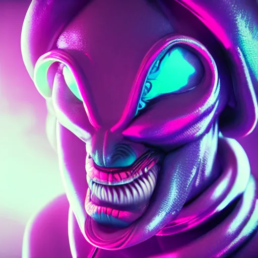 Prompt: synthwave alien face with neon tattos, detailed face, sharp focus, synthwave art, aesthetic, octane render, raw, cinematic