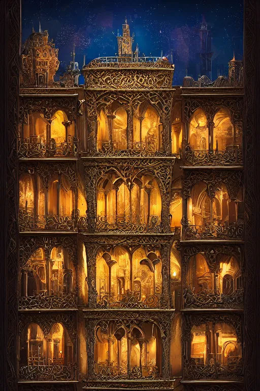 Image similar to ancient silver tower of the moon, fairytale illustration, elaborate carved latticed balconies, tall windows, moorish architecture, formal gardens, dramatic cinematic lighting, beautiful moths, soft colors, golden age illustrator, unreal engine