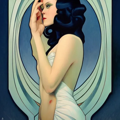 Prompt: a streamline moderne painting in the style of gerald brom, and in the style of charlie bowater, and in the style of alphonse mucha. symmetry, smooth, sharp focus, semi - realism, intricate detail.