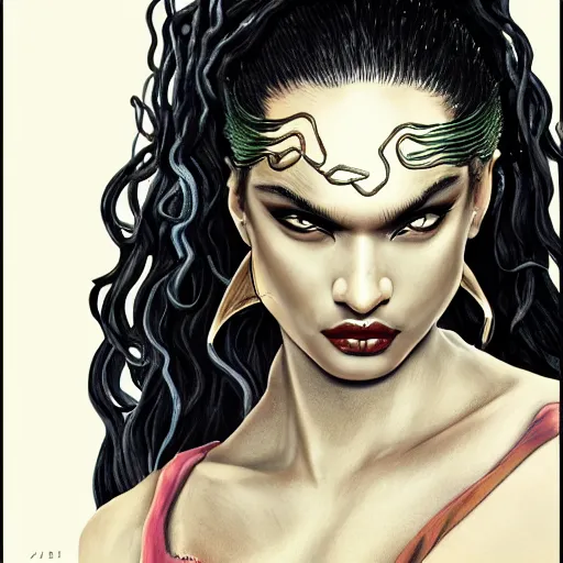 Image similar to Shanina Shaik as Medusa, snakes for hair, highly detailed, digital painting, artstation, concept art, smooth, sharp focus, illustration, art by Chris Achilleos, in the style of Medusa (1988) by Chris Achilleos.