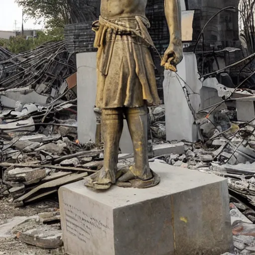 Image similar to statue of a warrior standing in the destroyed city