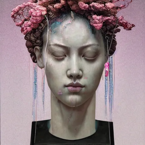 Image similar to Sandra Chevrier, floating vaporwave marble head bust, award winning masterpiece with incredible details, Zhang Kechun, a surreal vaporwave vaporwave vaporwave vaporwave vaporwave painting by Thomas Cole of a floating old pink mannequin head with cables and wires coming out of it's neck, sinking underwater, highly detailed