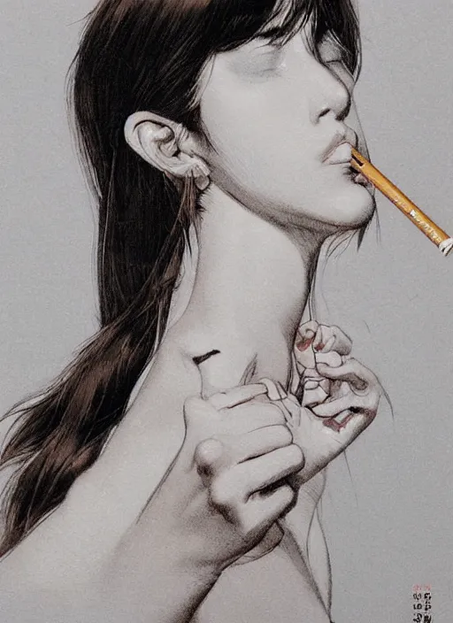 Prompt: portrait of a beautiful girl smoking a cigarette, by takehiko inoue and kim jung gi and hiroya oku, masterpiece illustration, ultrarealistic, realistic hand reference, perfect face and anatomy, golden ratio