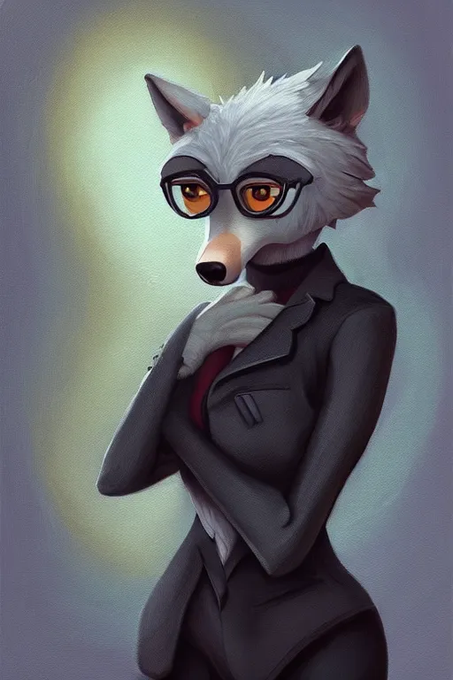 Image similar to oil painting of anthromorphic female wolf, in style of cory loftis, female fursona, furry, furaffinity, 4 k, deviantart, furry art, fursona art, wearing black business suit, business suit, in style of cory loftis, wolf fursona, cyberpunk, female, very expressive detailed feminine face,