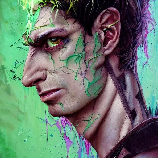 Image similar to a Demon Slayer portrait of Micheal Ward, tall, pale-skinned, slender with lime green eyes and long eyelashes by Stanley Artgerm, Tom Bagshaw, Arthur Adams, Carne Griffiths, trending on Deviant Art, street art, face enhance, chillwave, maximalist, full of color, glittering