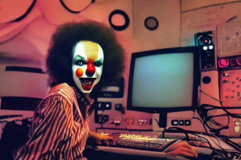 Image similar to cute clowngirl in clowncore cyberspace, fractal, in 2 0 5 5, y 2 k cutecore clowncore, bathed in the glow of a crt television, crt screens in background, low - light photograph, in style of tyler mitchell