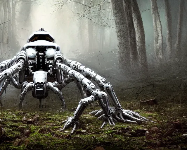 Prompt: photo of a giant huge white terminator spider with heavy duty biomechanical hydraulic cybernetic body with antennas and visor cogs and gears and components in the forest. cyberpunk horror style. highly detailed 8 k. intricate. nikon d 8 5 0 5 5 mm. art by hr giger. award winning photography.