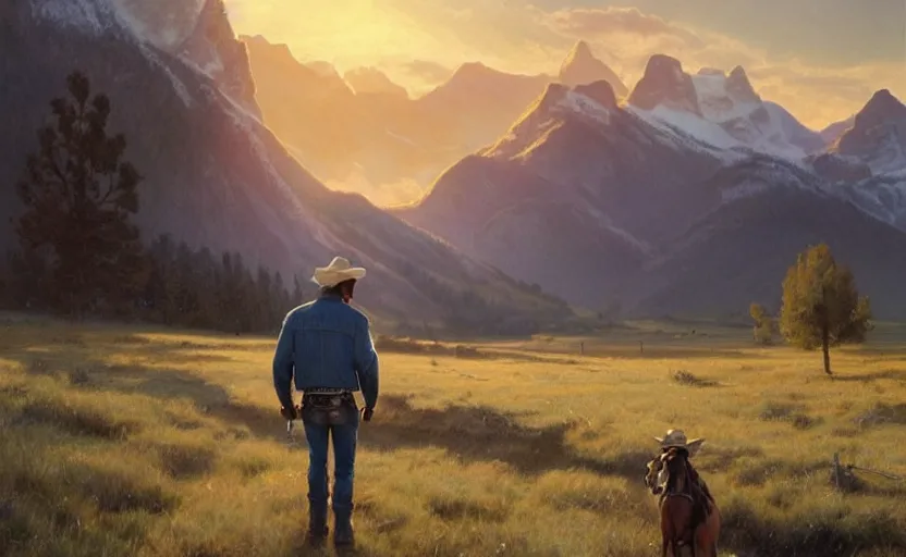 Prompt: handsome cowboy wearing blue jeans and a Levis sherpa jacket in a ranch somewhere in Montana walking during the soft evening light with mountains in the horizon, trending on artstation, 8k, highly detailed, warm lighting, concept art, illustration, art by artgerm and greg rutkowski and alphonse mucha