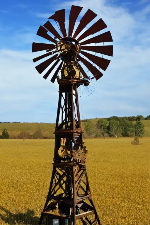 Prompt: a steampunk windmill in a field, detailed
